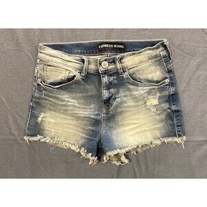 Express Jean Shorts Women's Size 2 Light Wash Mid Rise Raw Hem Distressed Denim